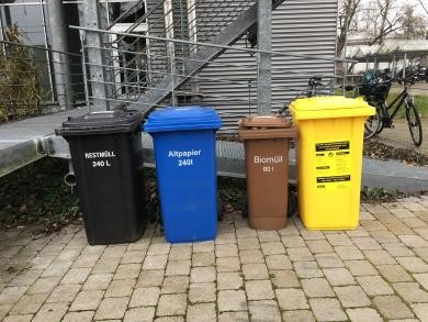 Mülltonnen: Restmüll, Altpapier, Biomüll, Gelber Sack