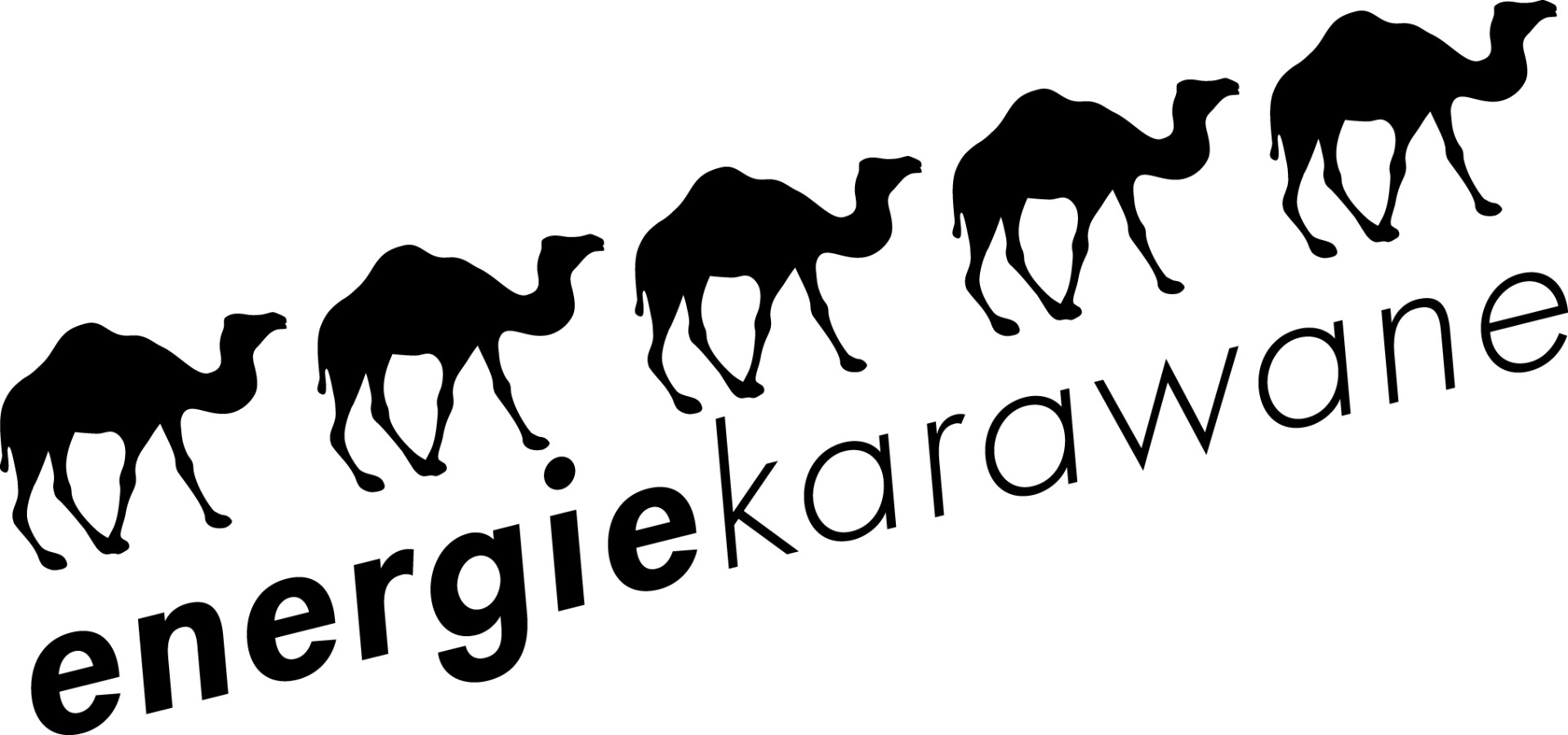 Logo Energiekarawane 5 Kamele hintereinander, darunter steht energiekarawane