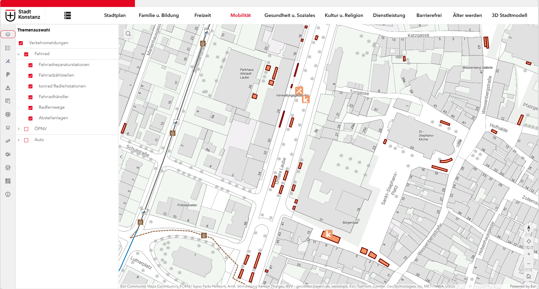 Abb. 1: Online-Stadtplan mit aktivem Thema Mobilität/ Fahrrad