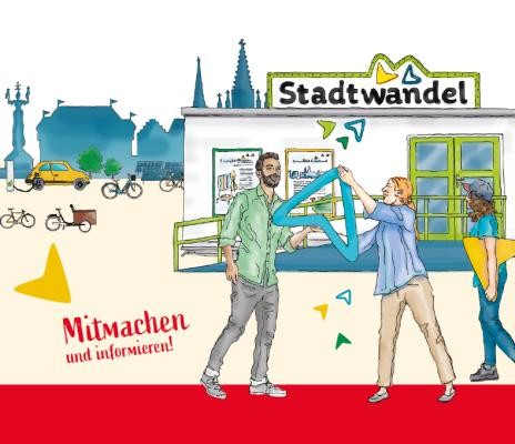 Zeichnung: Personen vor dem Stadtwandel-Mobil