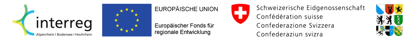 Logos des Förderprogrammes Interreg Alpenraum Bodensee Hochrhein, der Europäischen Union und der Schweitzerzerischen Eidgenossenschaft