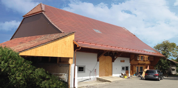 Bild/ produktbeispiel Hof mit langgezogenem Dach, helles Holz ist an Tor und Carport zu sehen