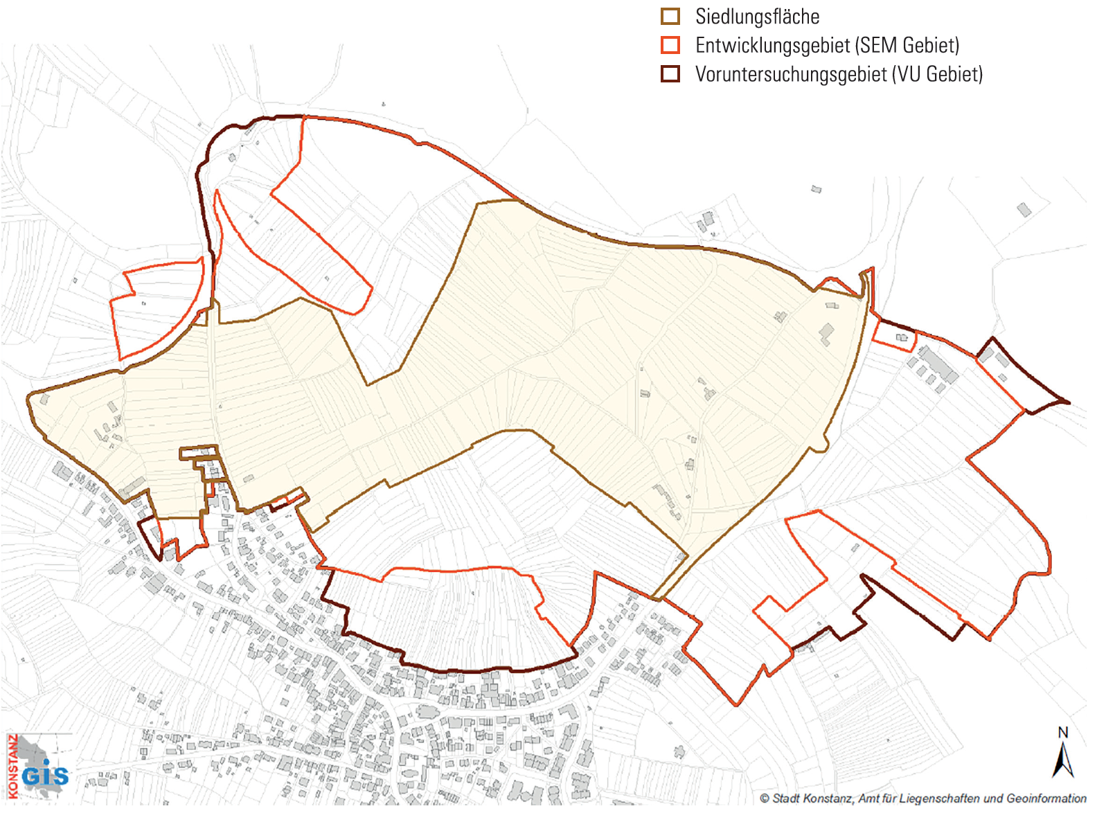 Karte des Hafner, darin eingezeichnet Siedlungsfläche, Entwicklungsgebiet und Voruntersuchungsgebiet