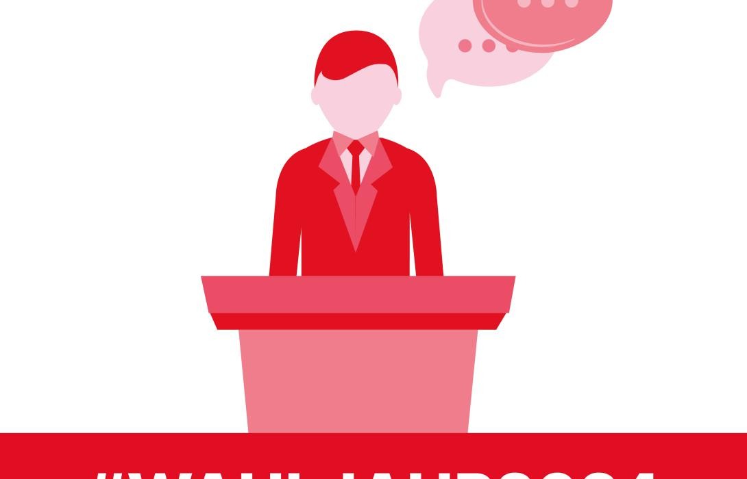 Symbolbild Wahljahr 2024 mit sprechender Person an Rednerpult