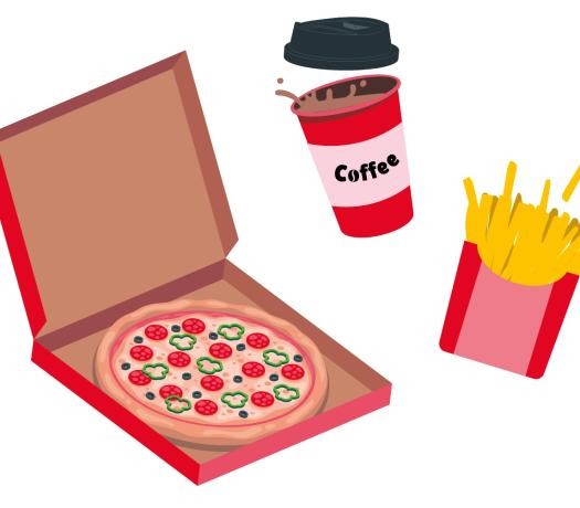 Illustration eines Pizzakartons, eines Kaffeebechers und einer Pommestüte