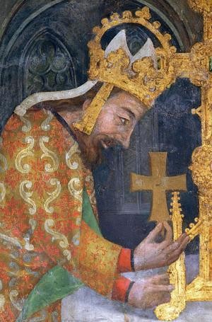 Der römische Kaiser Karel IV. legt Reliquien ins Kreuz, ein Detail aus der Gebeinenszene/ Nikolaus Wurmser von Straßburg / Burg Karlstein, um 1361/62–1364 © Národní památkový ústav, ÚOP in Prag, Foto Radovan Boček