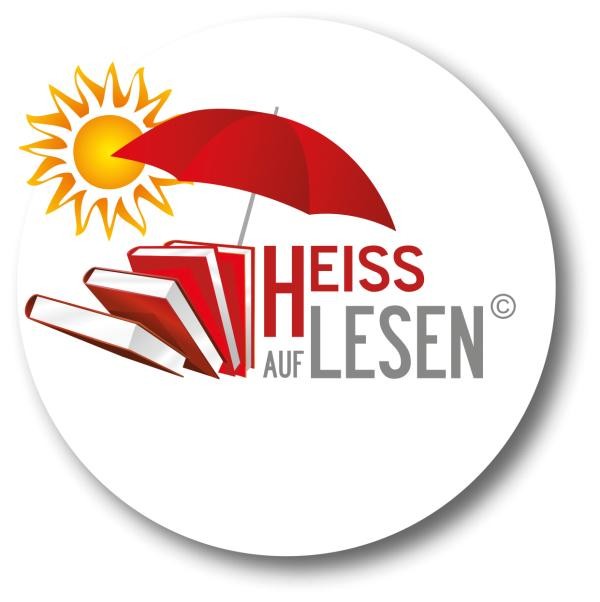 Logo Heiss auf Lesen - Sonnenschirm über einem Stapel Bücher