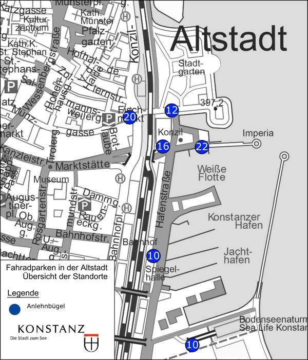 Karte mit Standorten für Radabstellanlagen in der Altstadt Konstanz