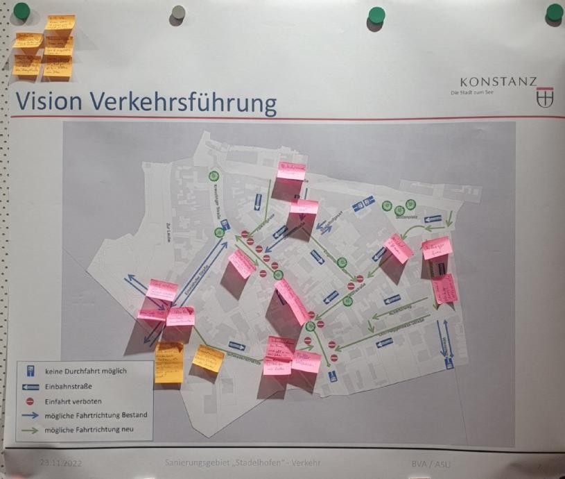 Plan 3 Verkehrsführung Ideensammlung mit pinken und orangenen Postits