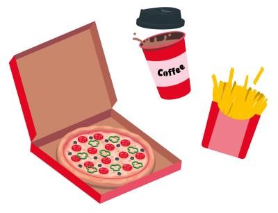 Illustration eines Pizzakartons, eines Kaffeebechers und einer Pommestüte