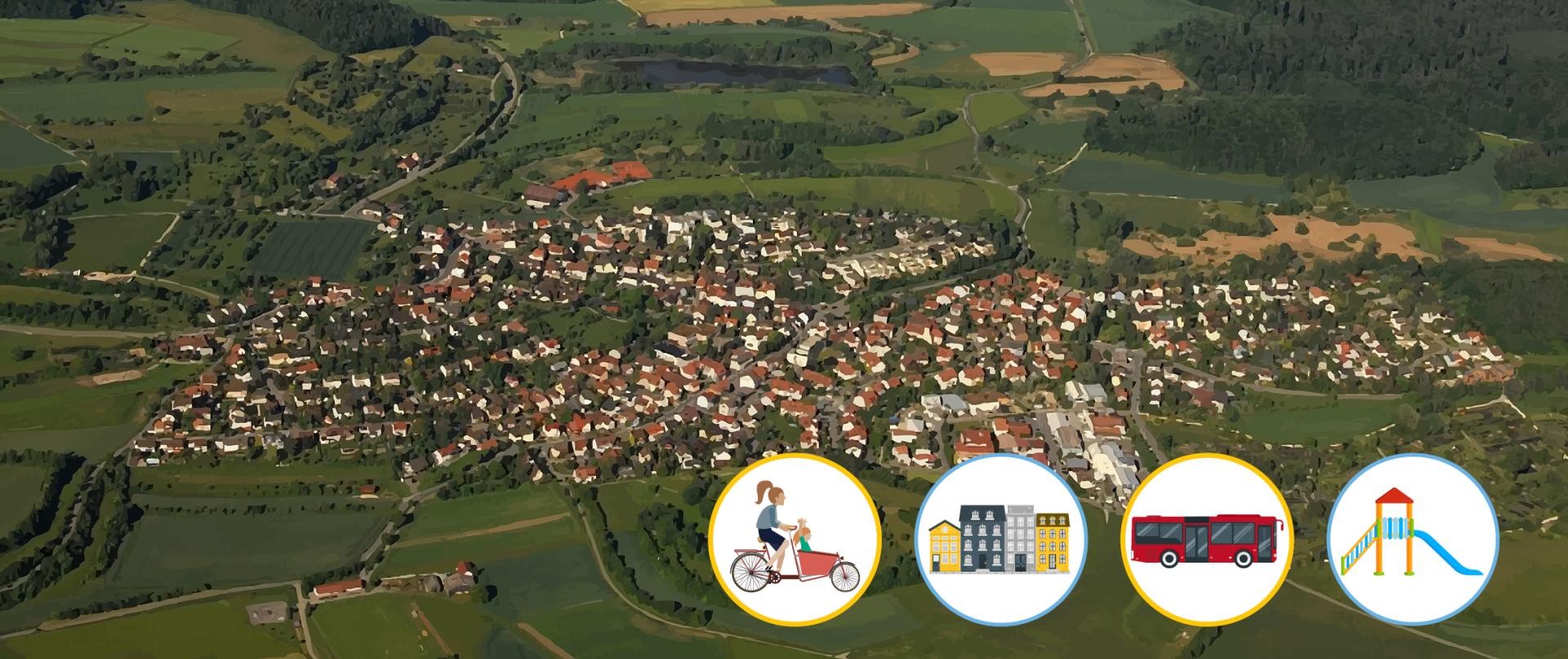 Schrägluftbild auf Dettingen, leicht abstrahiert mit 4 Symbolen: Frau auf Lastenrad, Altstadtfassade, roter Bus, Spielgeät mit Rutsche