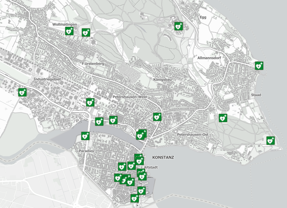 Stadtplan von Konstanz mit Einblendung der Defibrillatoren-Standorte